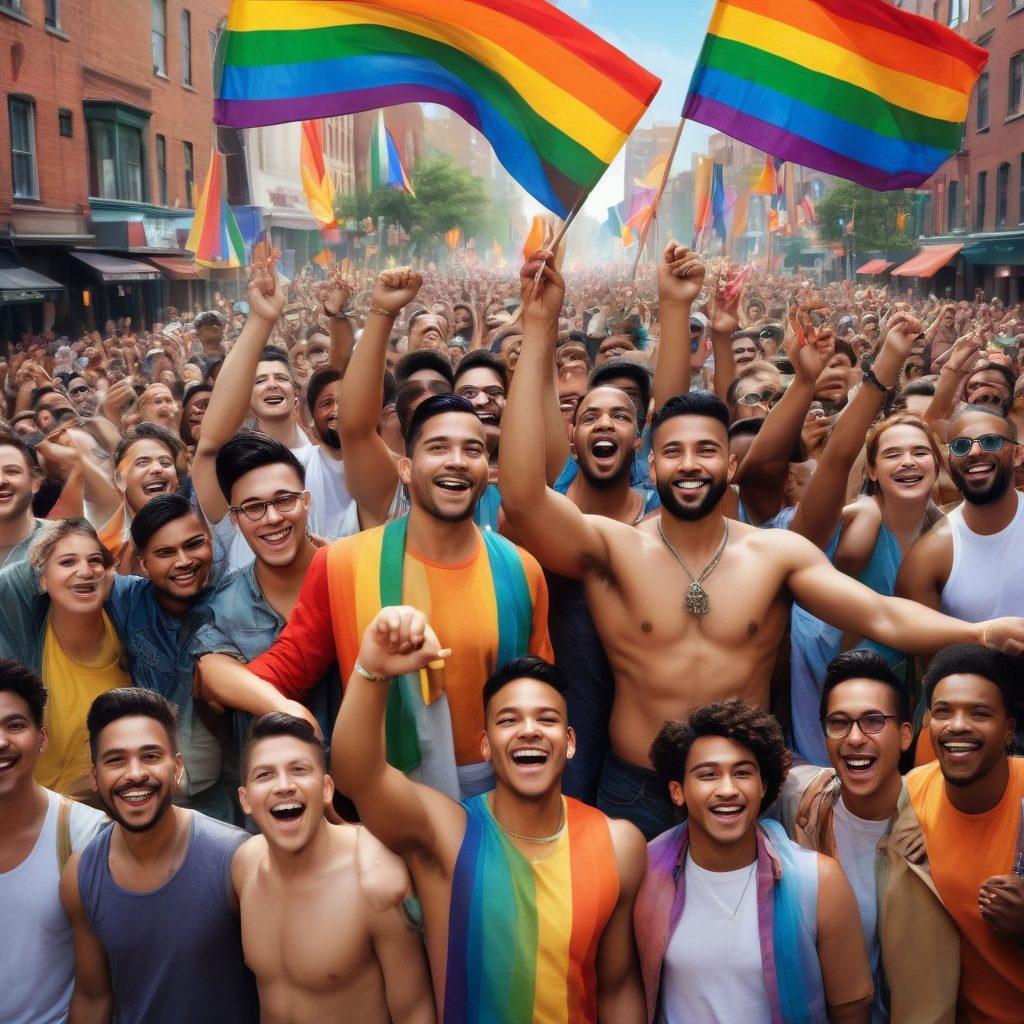 A dynamic collage showcasing men of various ethnicities and orientations celebrating their identities in a vibrant pride parade. Incorporate symbols of queer empowerment, such as rainbow flags and diverse clothing styles, amidst an atmosphere of joy and acceptance. Add elements of community and connection, with groups laughing, holding hands, and sharing stories. The background should be a colorful cityscape reflecting inclusivity and diversity. super-realistic. vibrant colors. 3D.