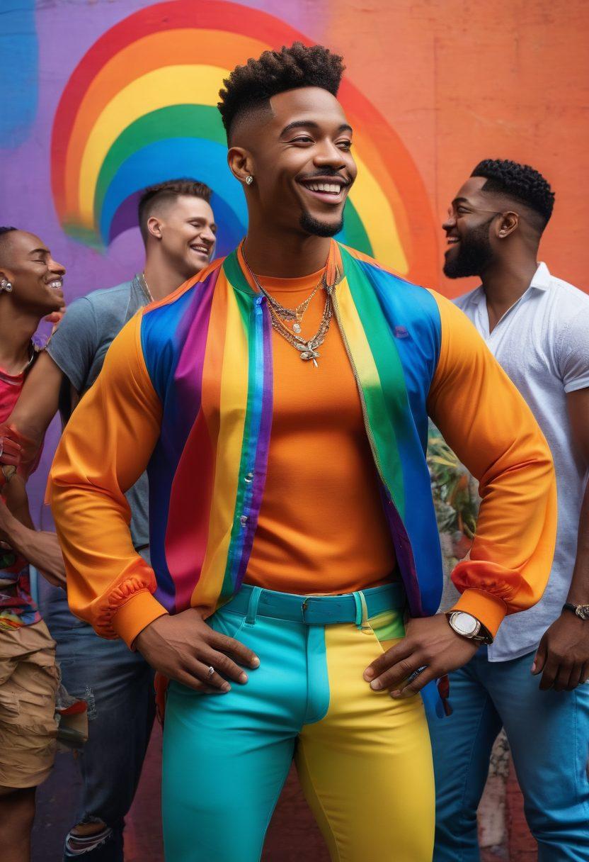 A powerful representation of diverse men celebrating masculinity within the LGBTQ+ community, showcasing various expressions of strength and pride. Include vibrant colors, contemporary attire, and iconic symbols of pride, with a dynamic background featuring urban elements and nature. Emphasize unity and individuality, with smiles and confident postures. super-realistic. vibrant colors. urban setting.