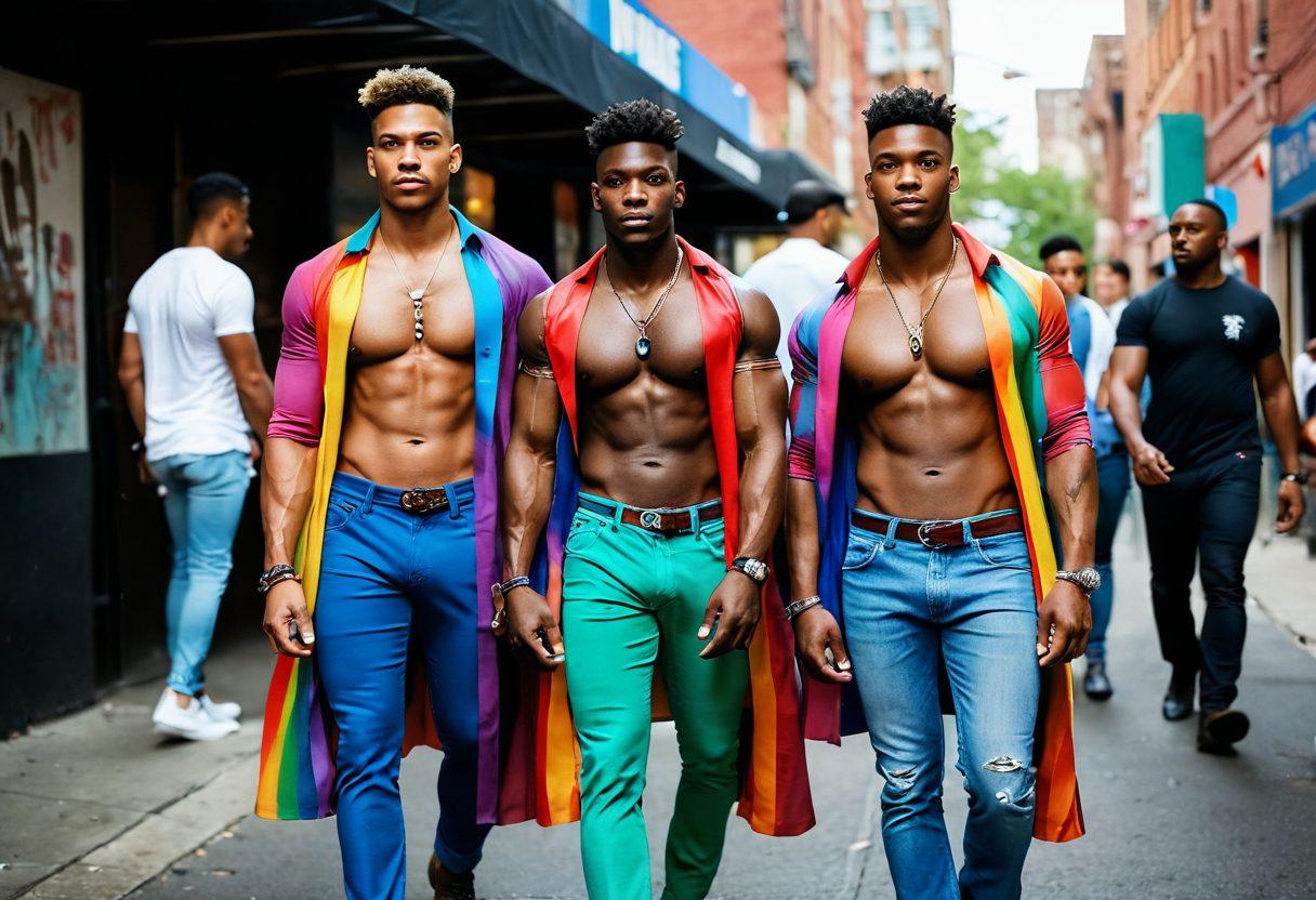 A bold and striking representation of masculine identity within a colorful gay community, featuring diverse men showcasing confidence and pride through fashion, art, and cultural symbols. Include elements like rainbow colors intertwined with traditional masculine symbols such as weights, leather, and denim. The background should depict an urban setting bustling with life, celebrating this unique blend of cultures. vibrant colors. super-realistic.